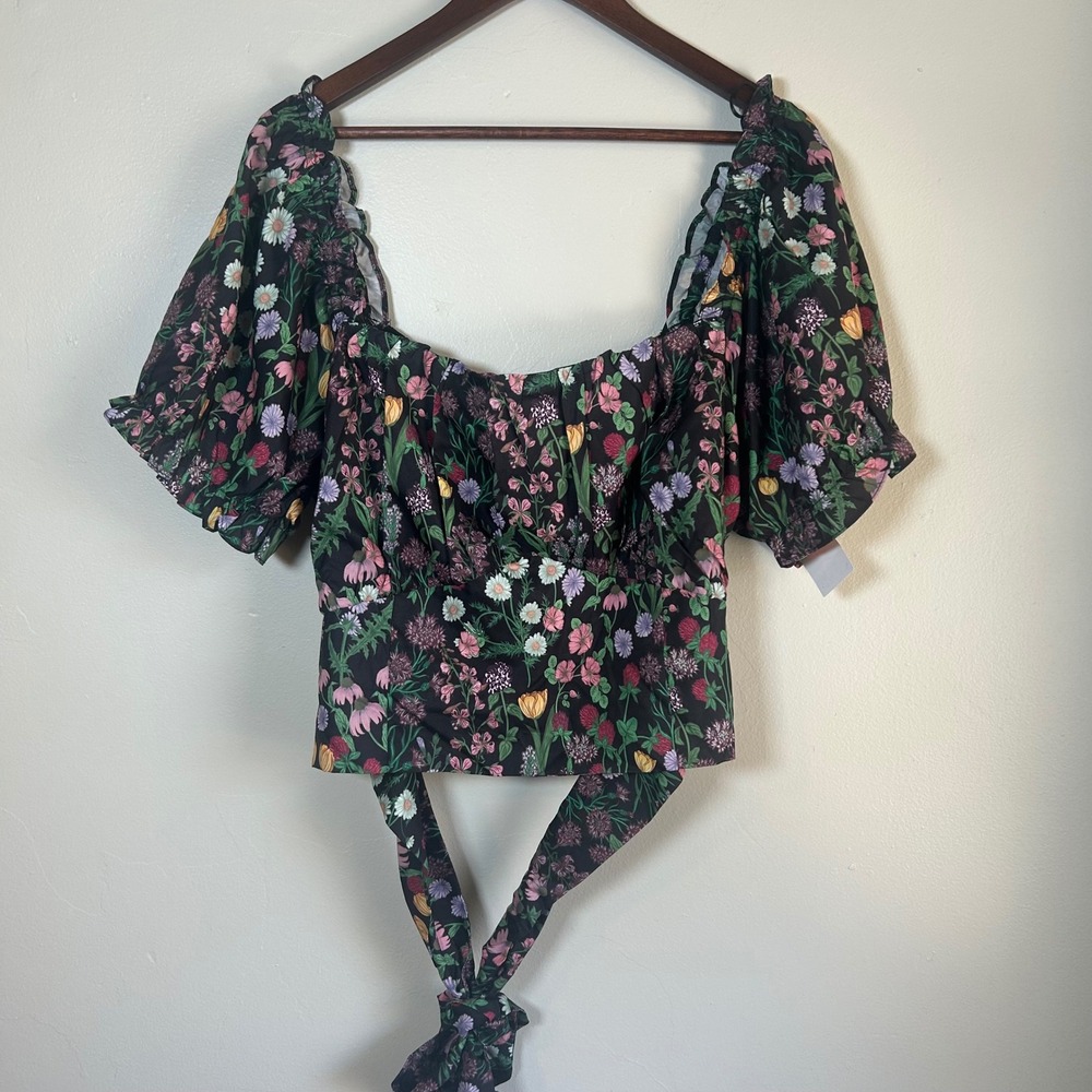 CIDER Black Floral Print Off Shoulder Puff Sleeve Tie Front‎ Crop Top 3XL